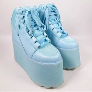 YRU Blue Platform Sneakers with Glossy Finish